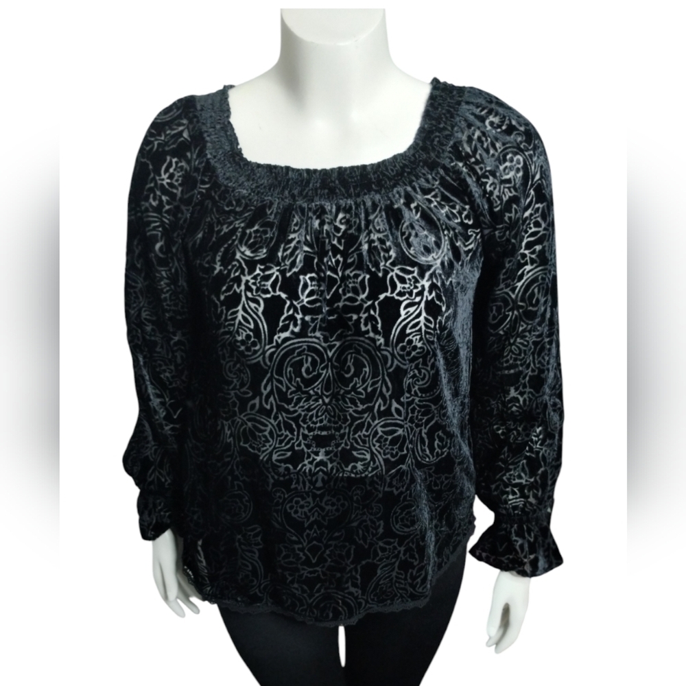 Black Velvet Burnout Sheer Lace Off the Shoulder Romantic Sexy Whimsigoth XS Top